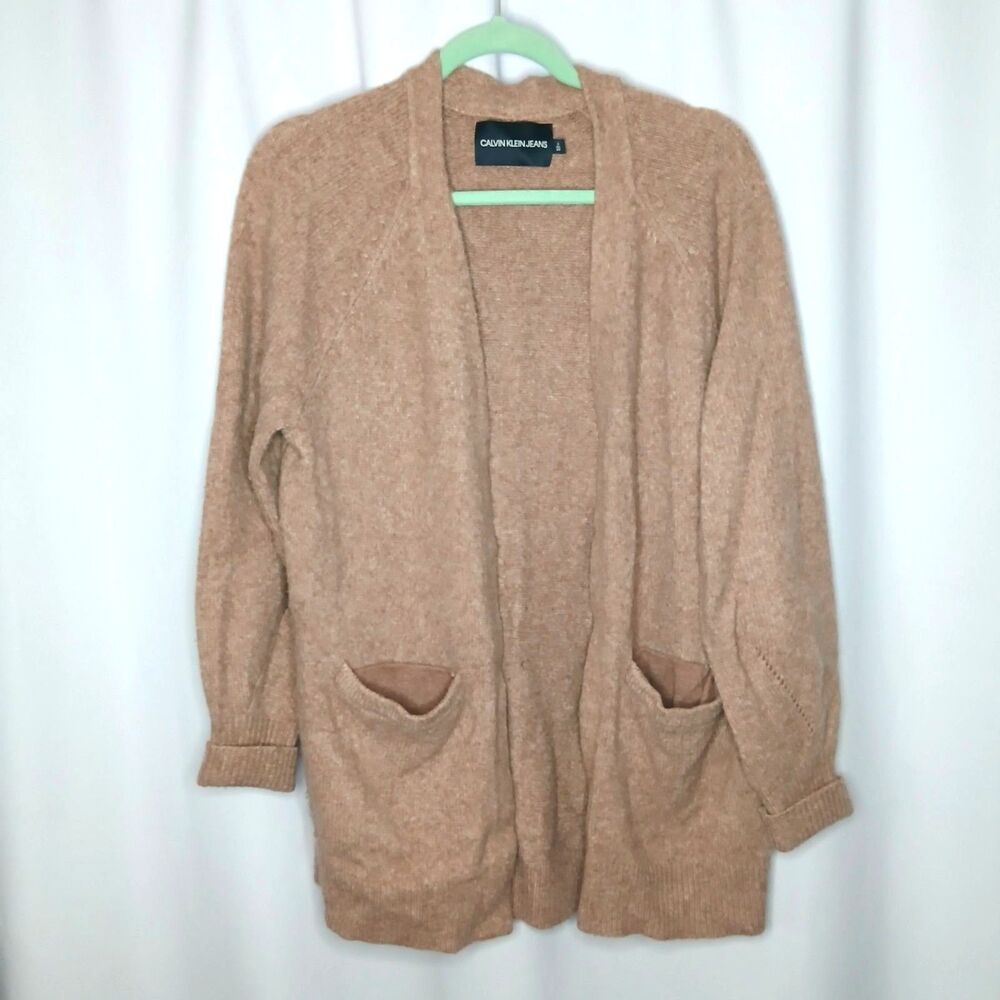 Calvin Klein Wool Blend Open Cardigan Knit Sweater Pockets Relaxed Womens sz Med